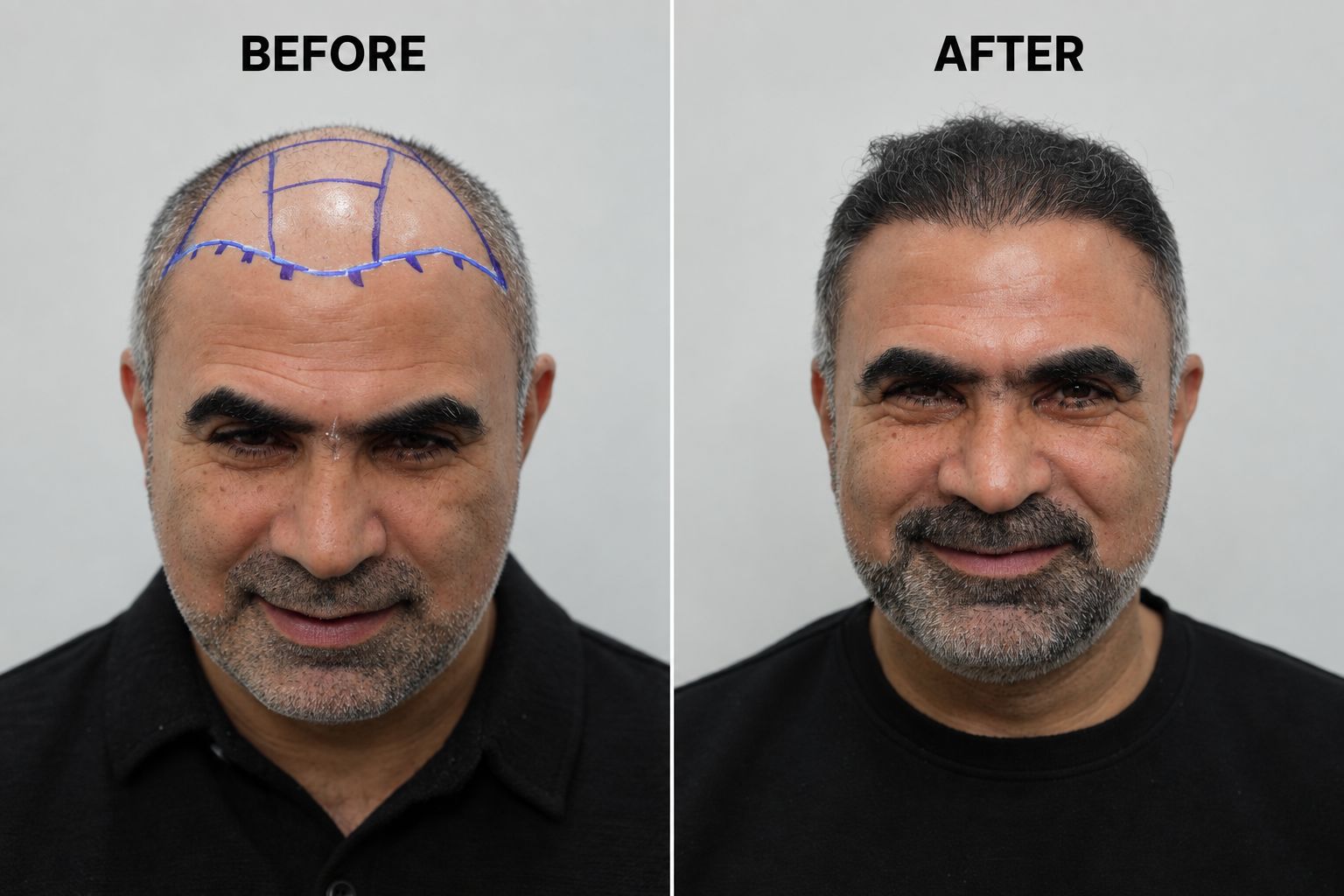 زراعة الشعر في ستوراكس — قبل وبعد: استعادة خط الشعر الأمامي ومنطقة منتصف فروة الرأس.